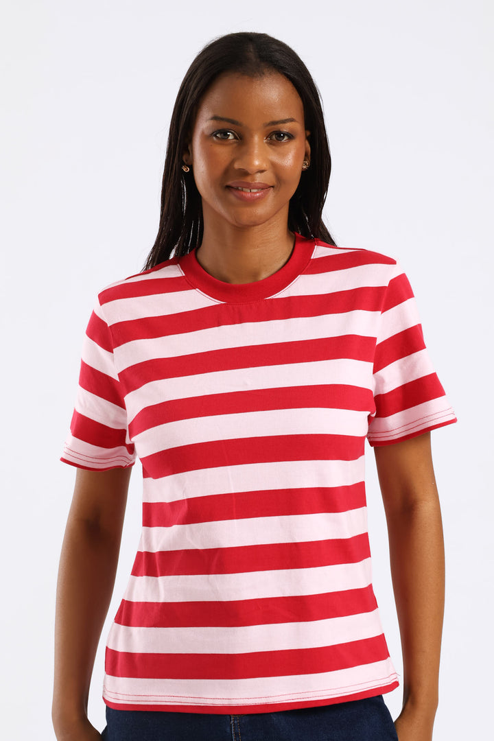 Boxy Regular Stripe Rib Neck Tee - Red/Pink