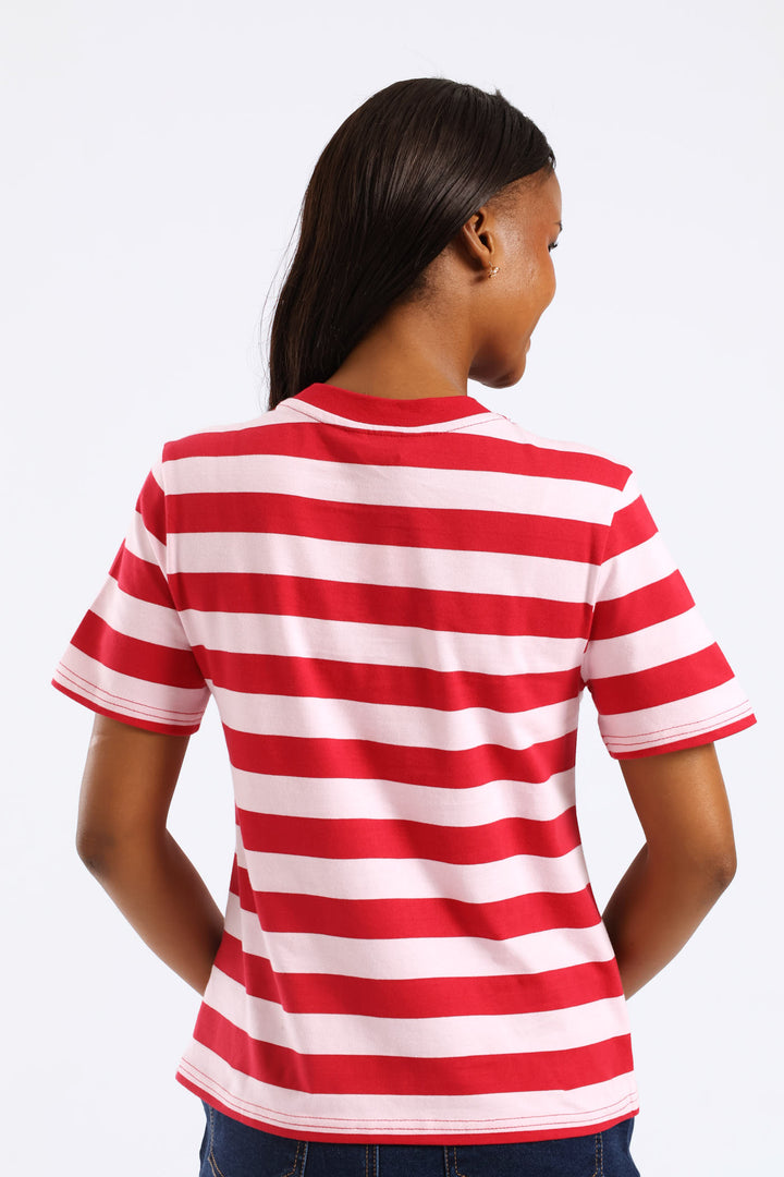 Boxy Regular Stripe Rib Neck Tee - Red/Pink