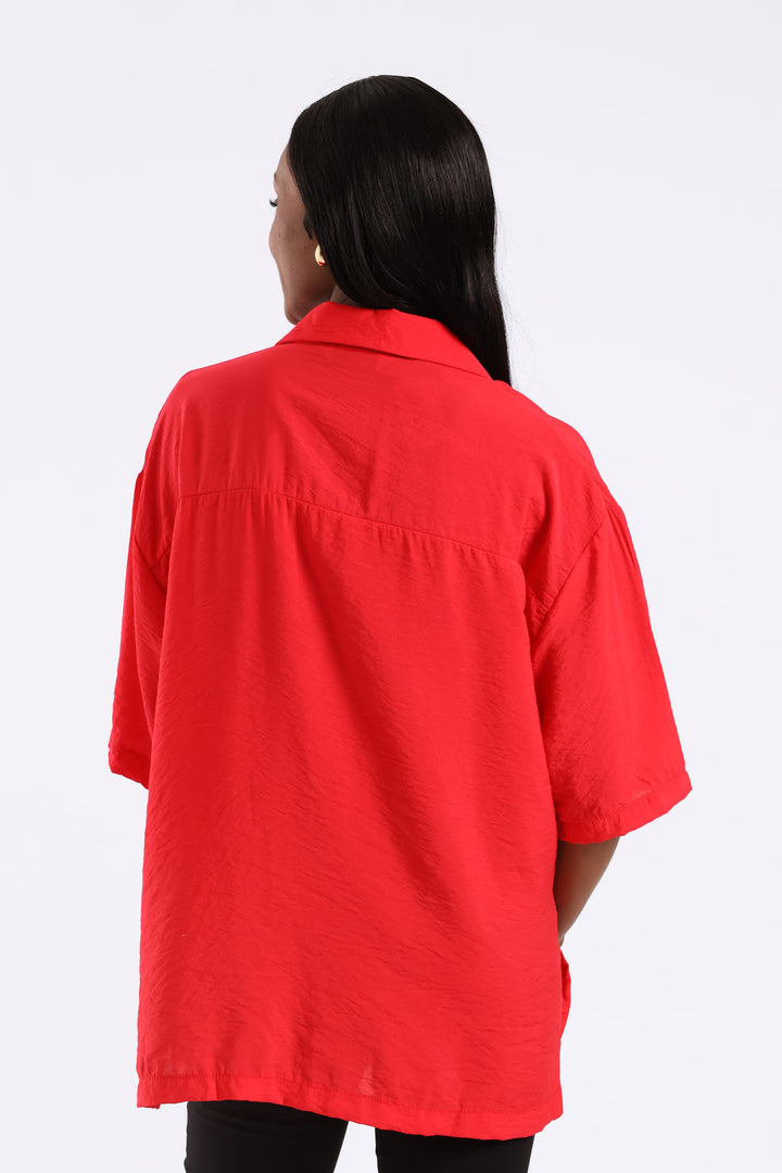 Oversized Drop Shoulder Shirt - Rose Red