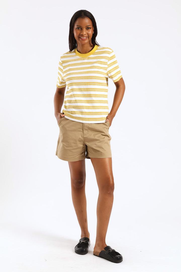 Artistic Stripe Print Boxy Tee - White/Ochre