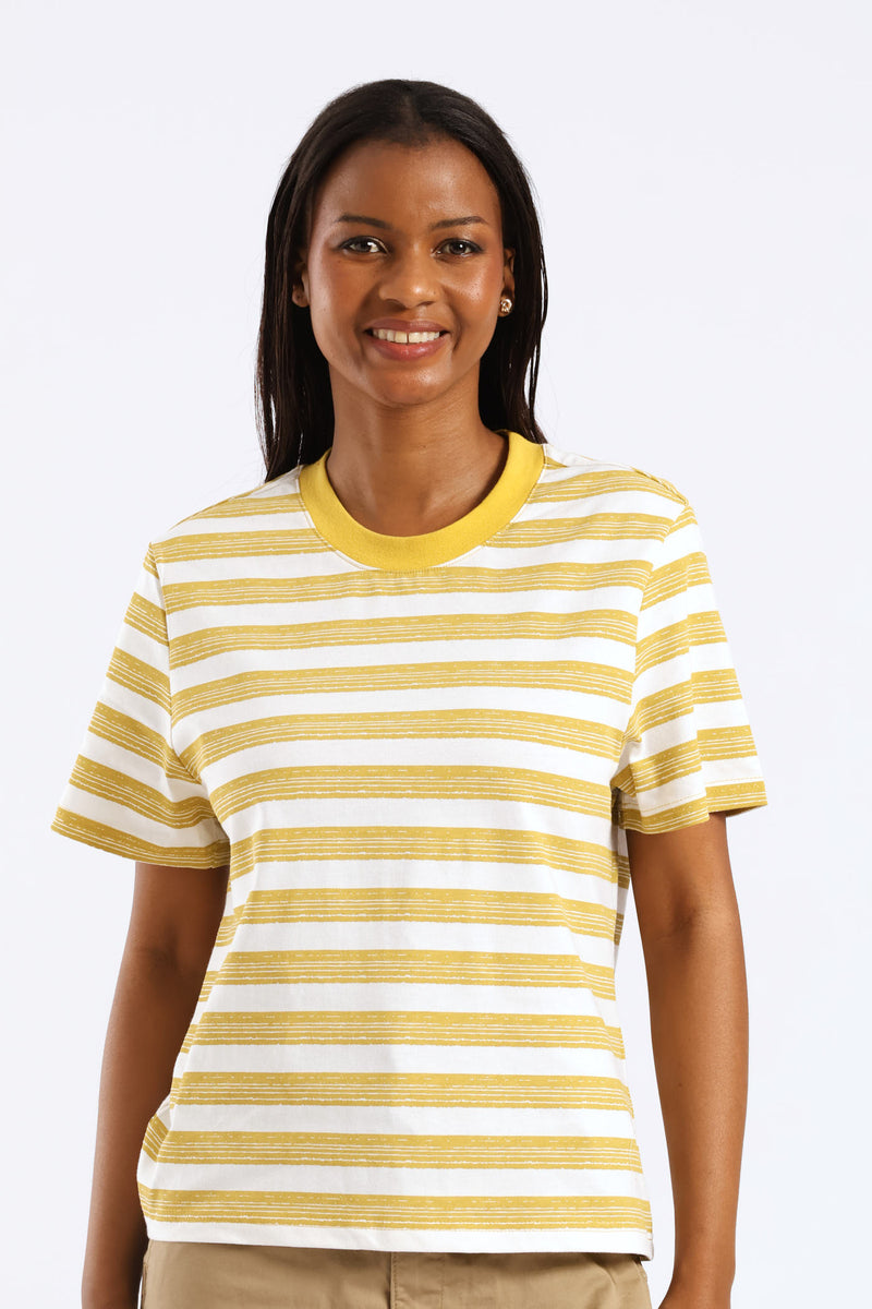 Artistic Stripe Print Boxy Tee - White/Ochre