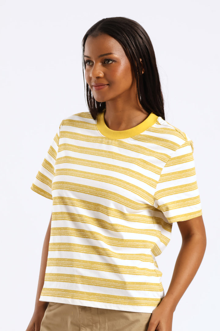 Artistic Stripe Print Boxy Tee - White/Ochre