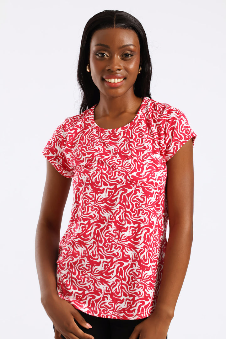 Two Tone Abstract Swirl Print Pocket Tee - White/Pink