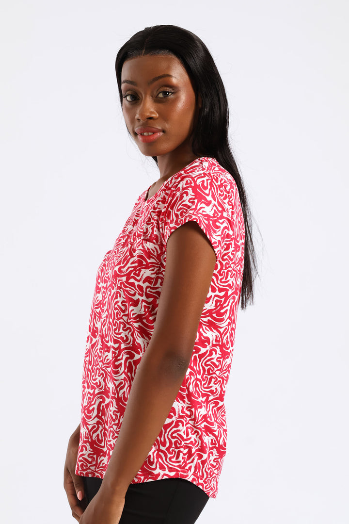 Two Tone Abstract Swirl Print Pocket Tee - White/Pink