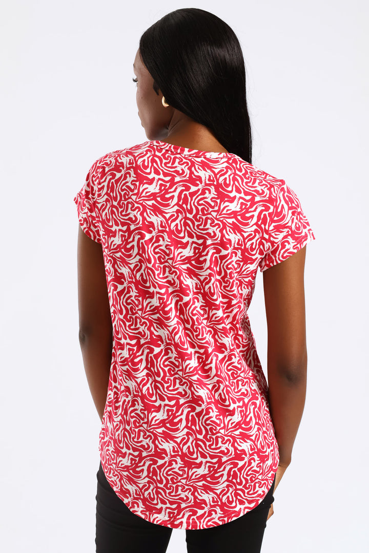 Two Tone Abstract Swirl Print Pocket Tee - White/Pink