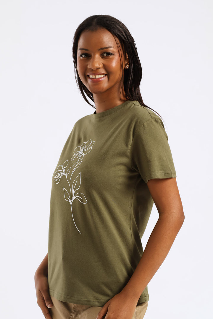 Line Art Flower Tee - Dark Fatigue