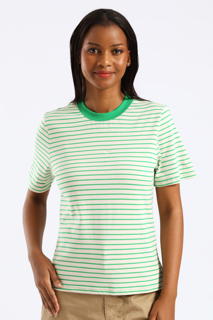 Boxy Plain Rib Neck Skinny Stripe Tee - Cream/Green