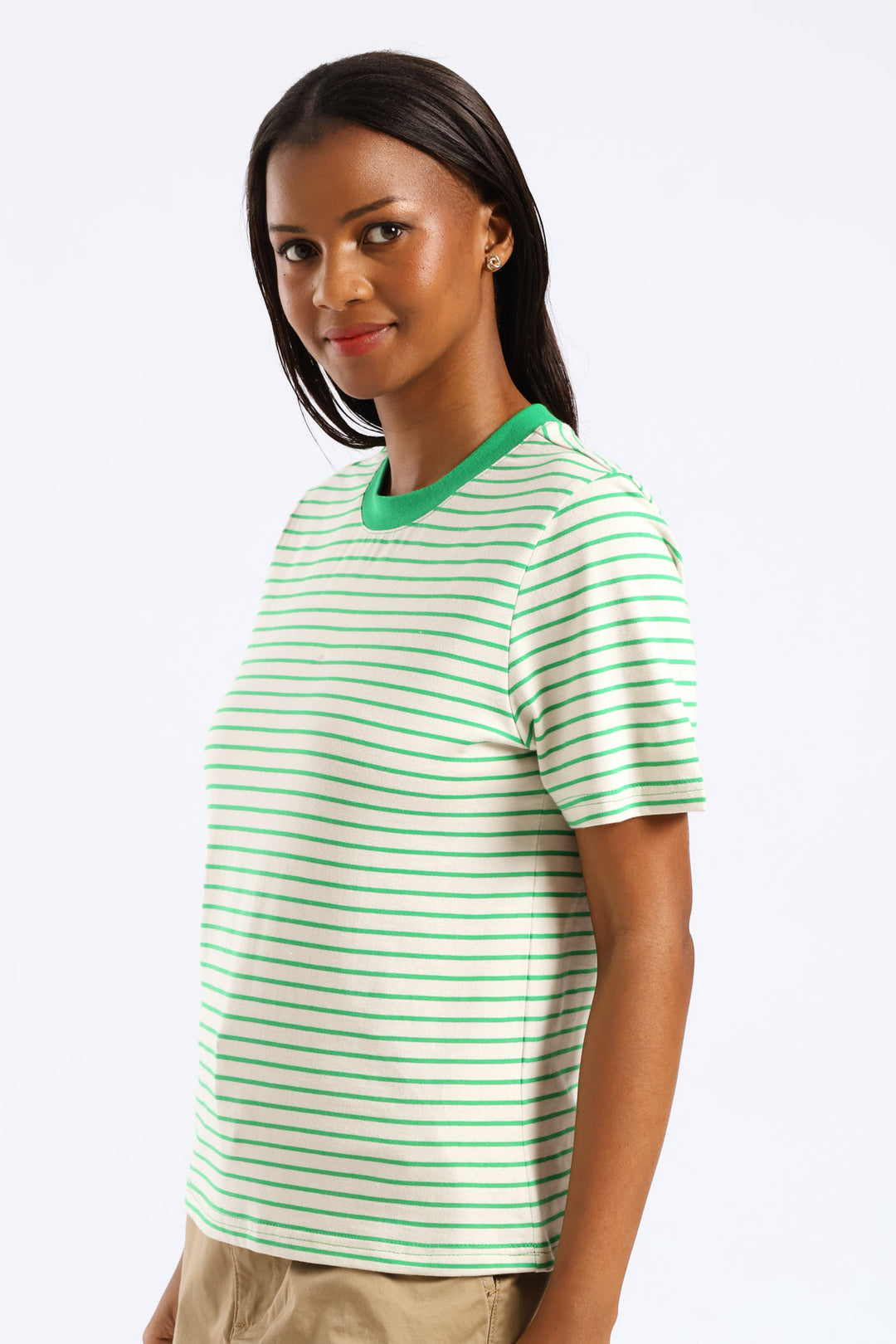 Boxy Plain Rib Neck Skinny Stripe Tee - Cream/Green