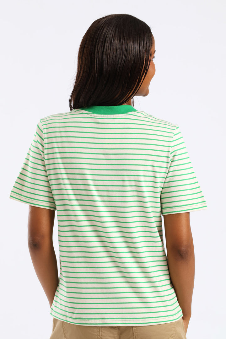 Boxy Plain Rib Neck Skinny Stripe Tee - Cream/Green