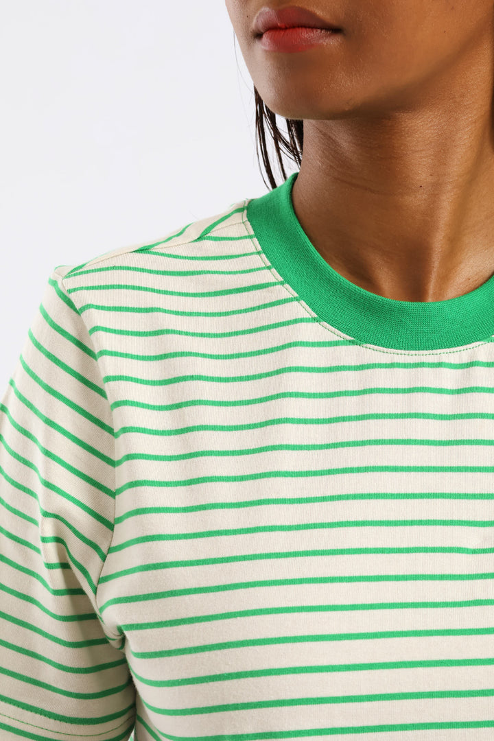 Boxy Plain Rib Neck Skinny Stripe Tee - Cream/Green