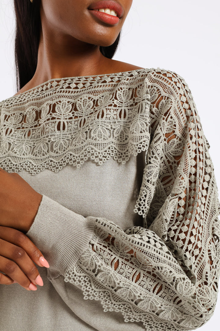 Lace Knitwear Combo Top - Sage