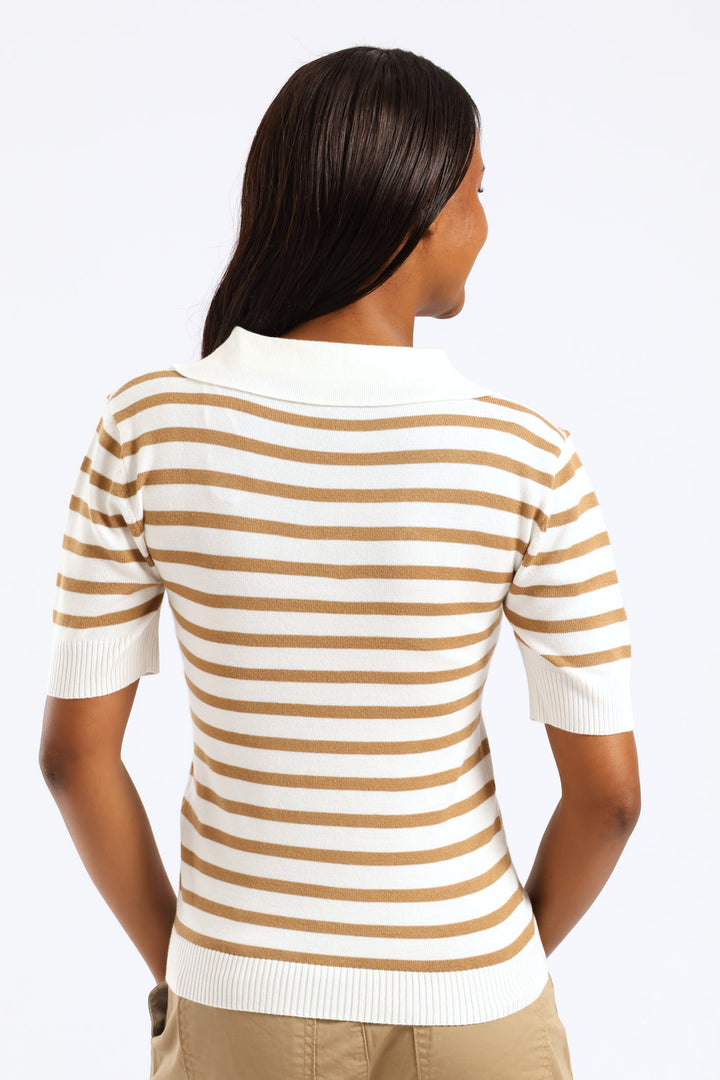 Stripe Golfer Knit Top - Beige/Cream