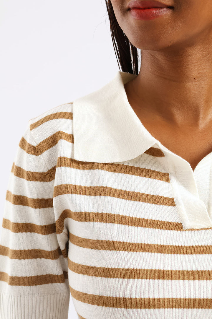 Stripe Golfer Knit Top - Beige/Cream
