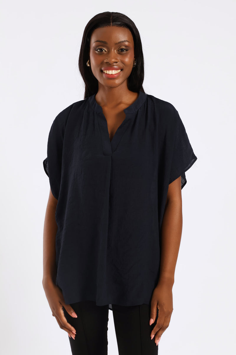 Mandarin Collar Blouse - Navy