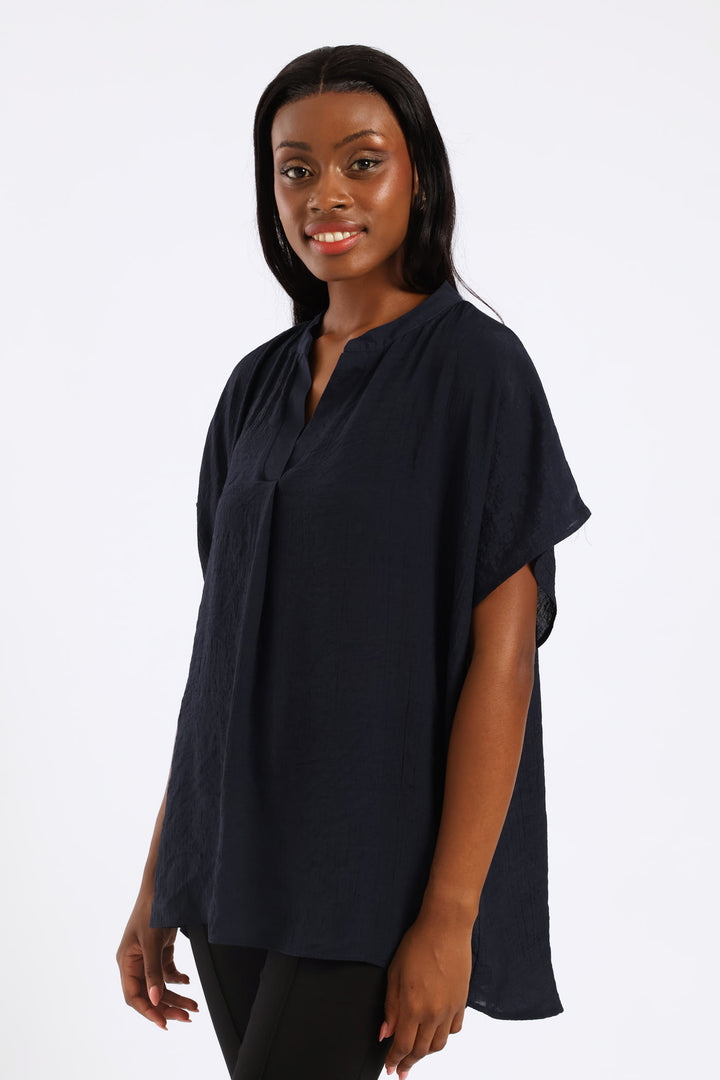 Mandarin Collar Blouse - Navy