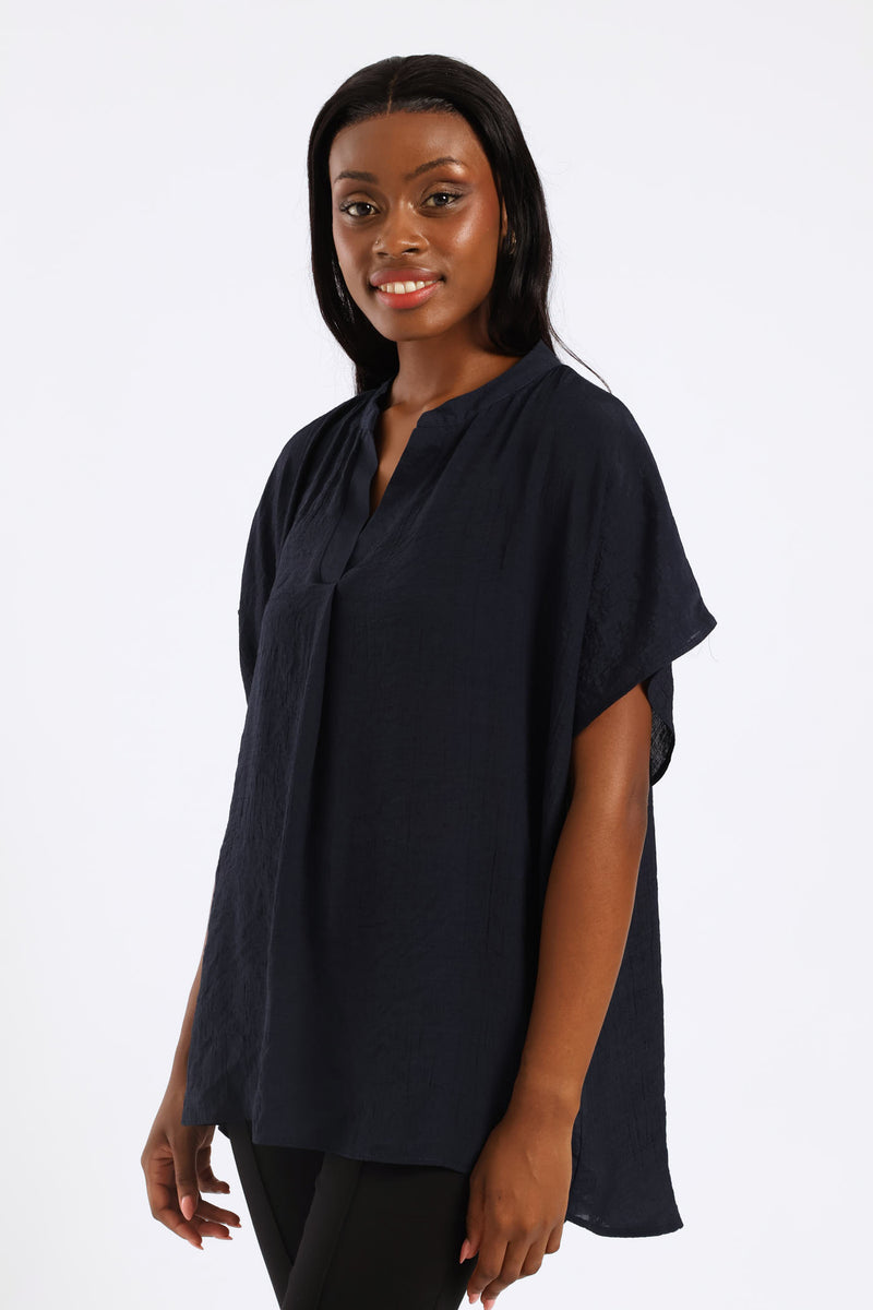 Mandarin Collar Blouse - Navy
