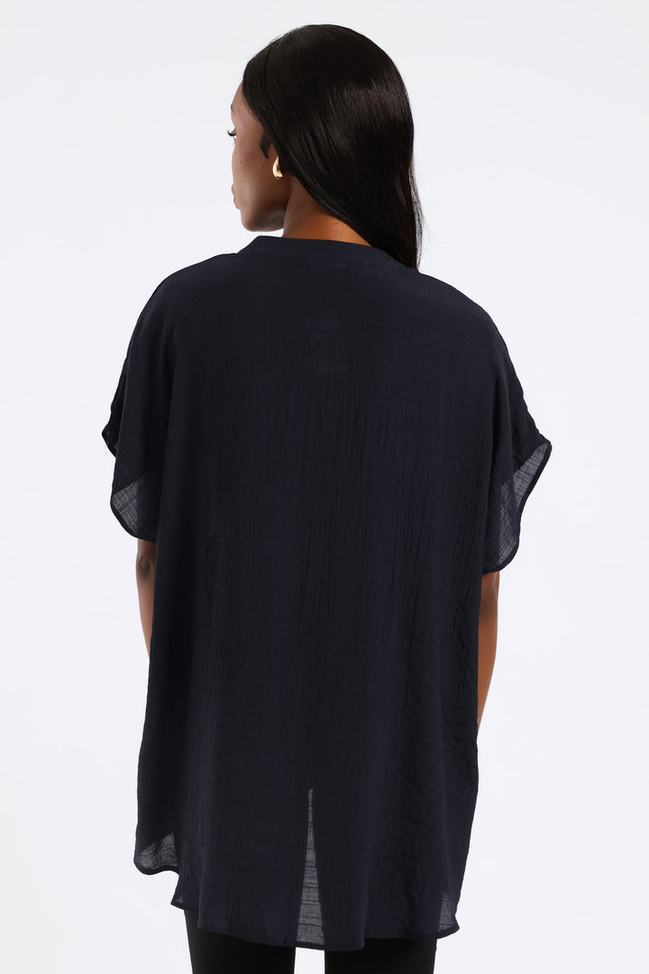 Mandarin Collar Blouse - Navy