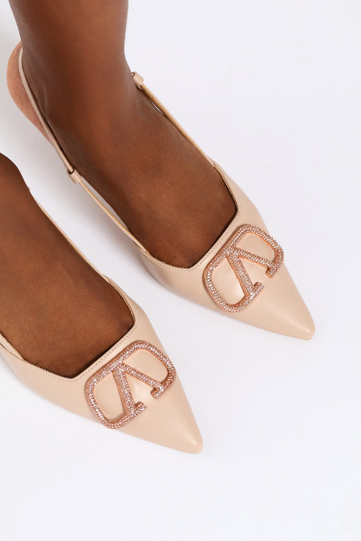 Square Vamp Diamante Trim Slingback Heel - Blush