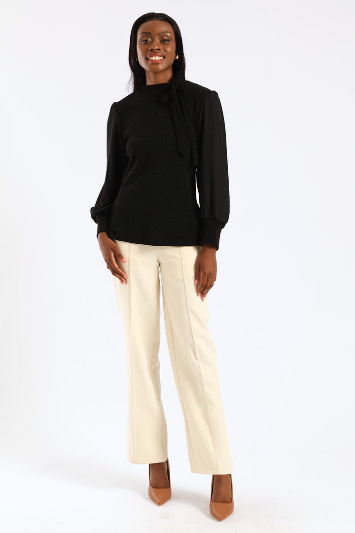 Kitty Bow Shimmer Combo Blouse - Black