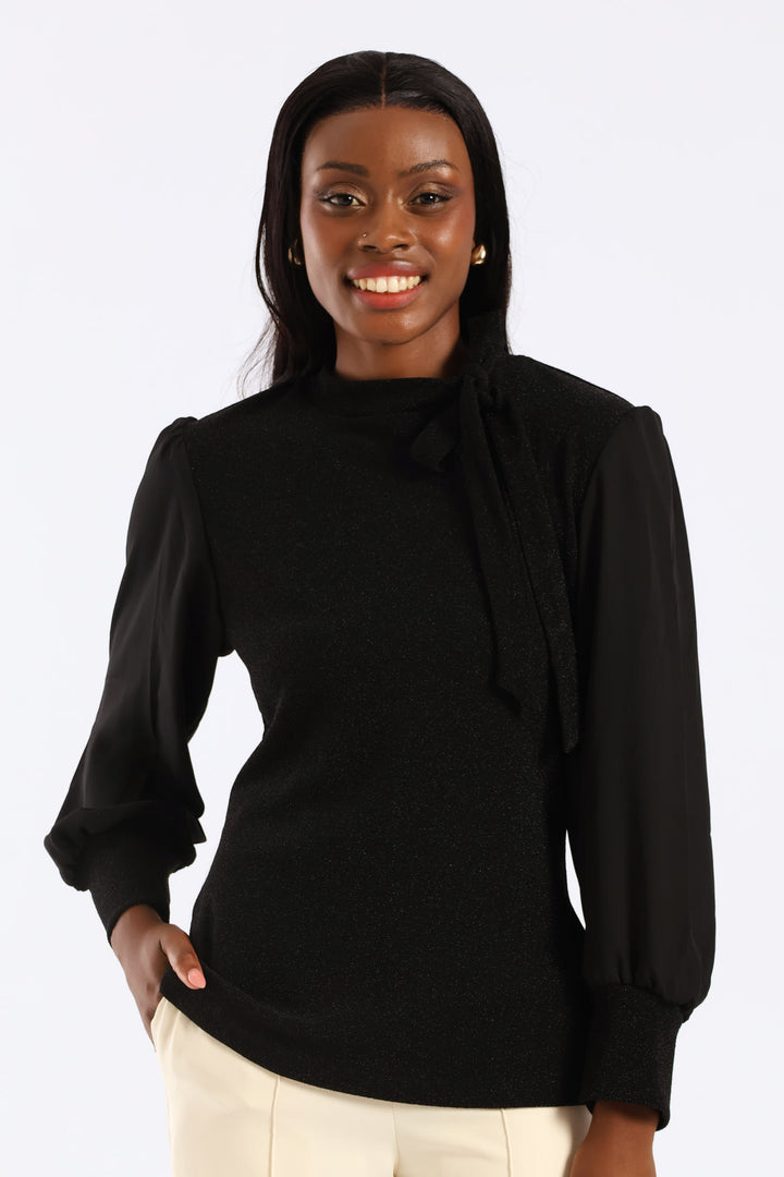 Kitty Bow Shimmer Combo Blouse - Black