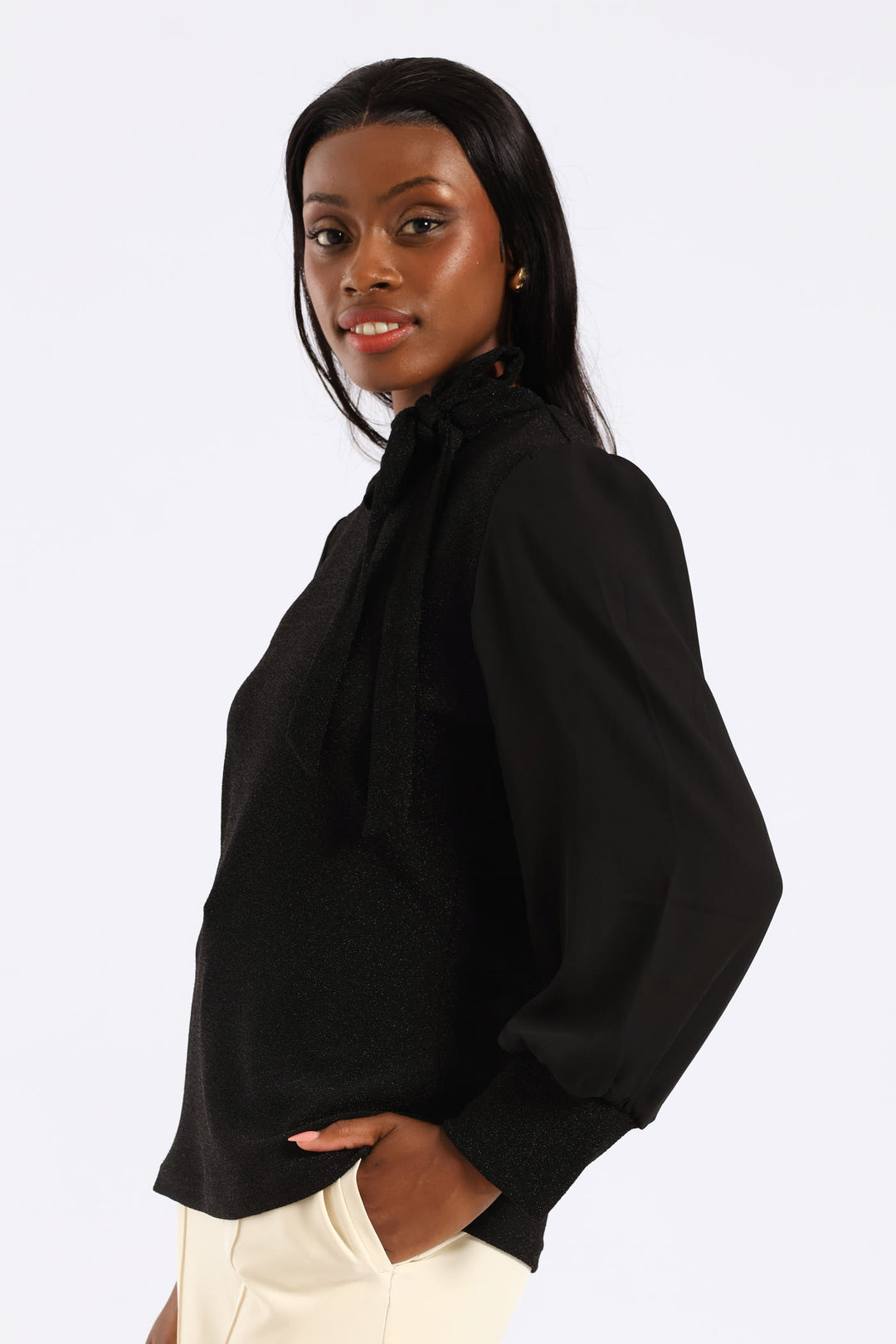 Kitty Bow Shimmer Combo Blouse - Black