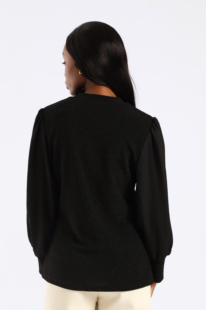 Kitty Bow Shimmer Combo Blouse - Black
