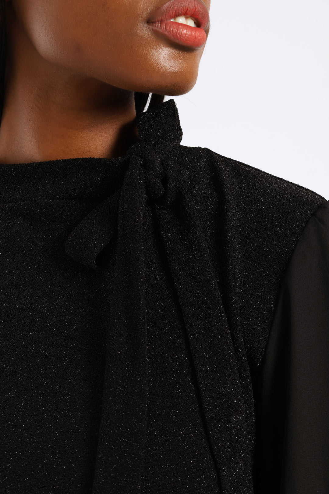 Kitty Bow Shimmer Combo Blouse - Black