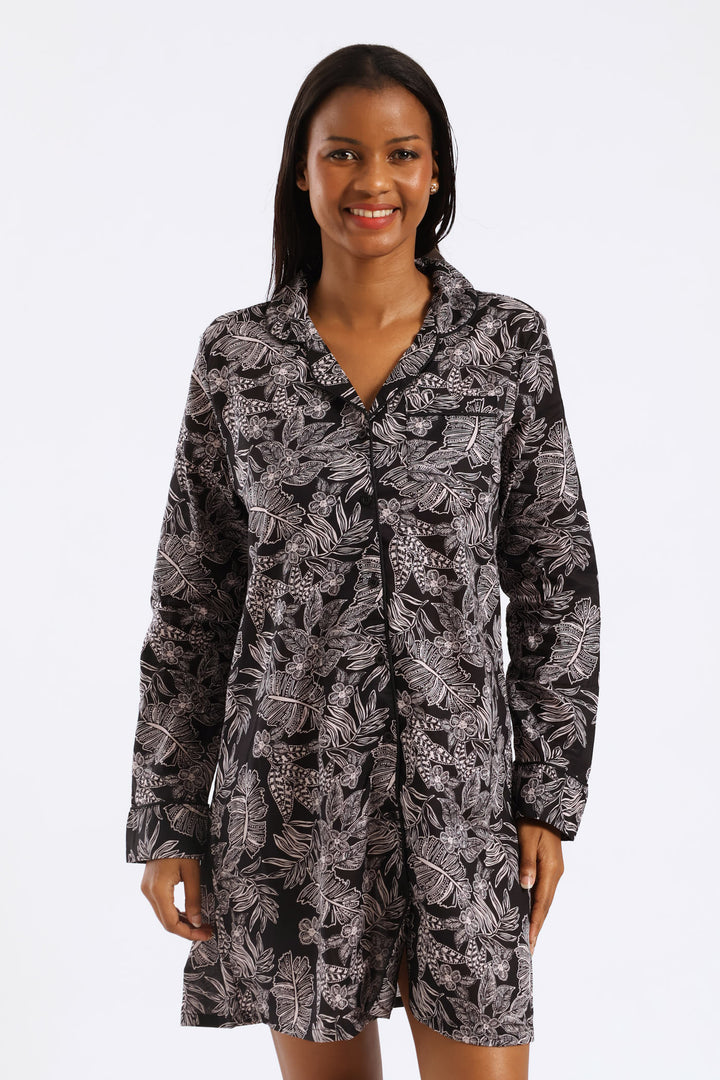 Button Through Cotton Sleepshirt - Dark Grey