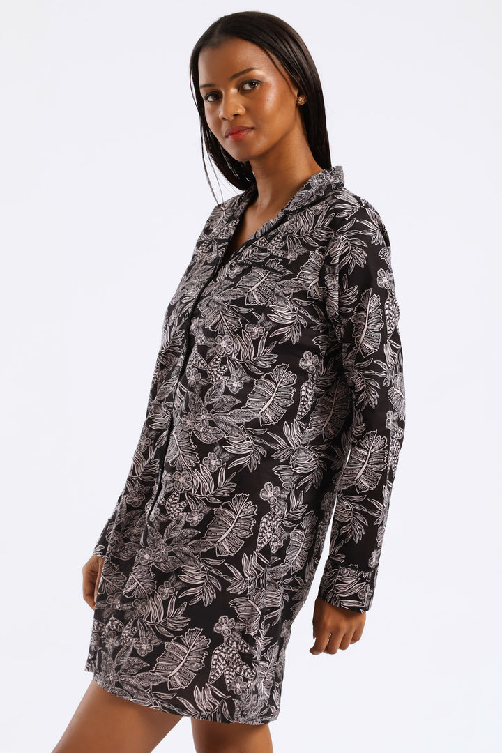 Button Through Cotton Sleepshirt - Dark Grey