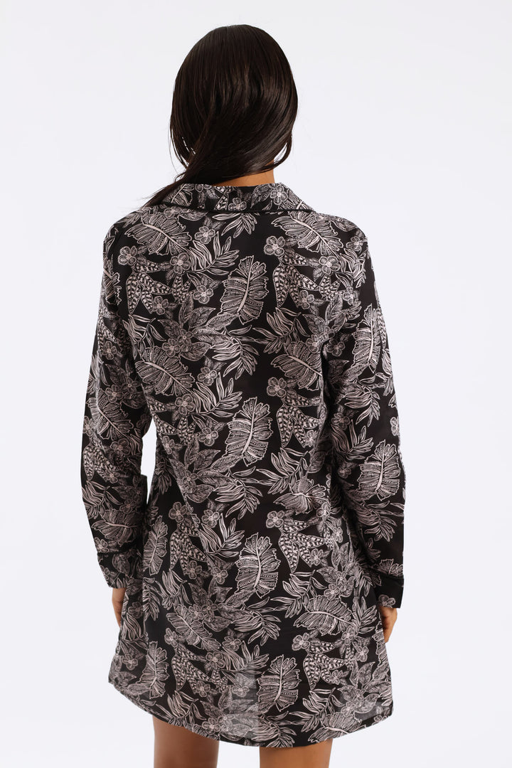 Button Through Cotton Sleepshirt - Dark Grey