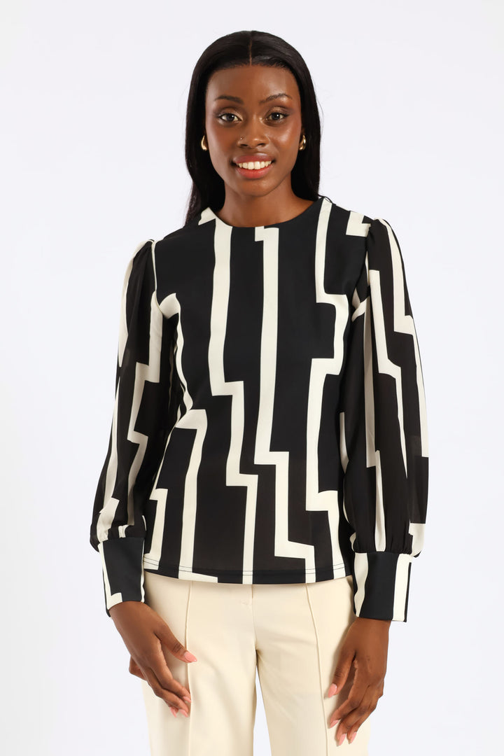 Crew Neck Knitwear Combo Blouse - Black/Cream