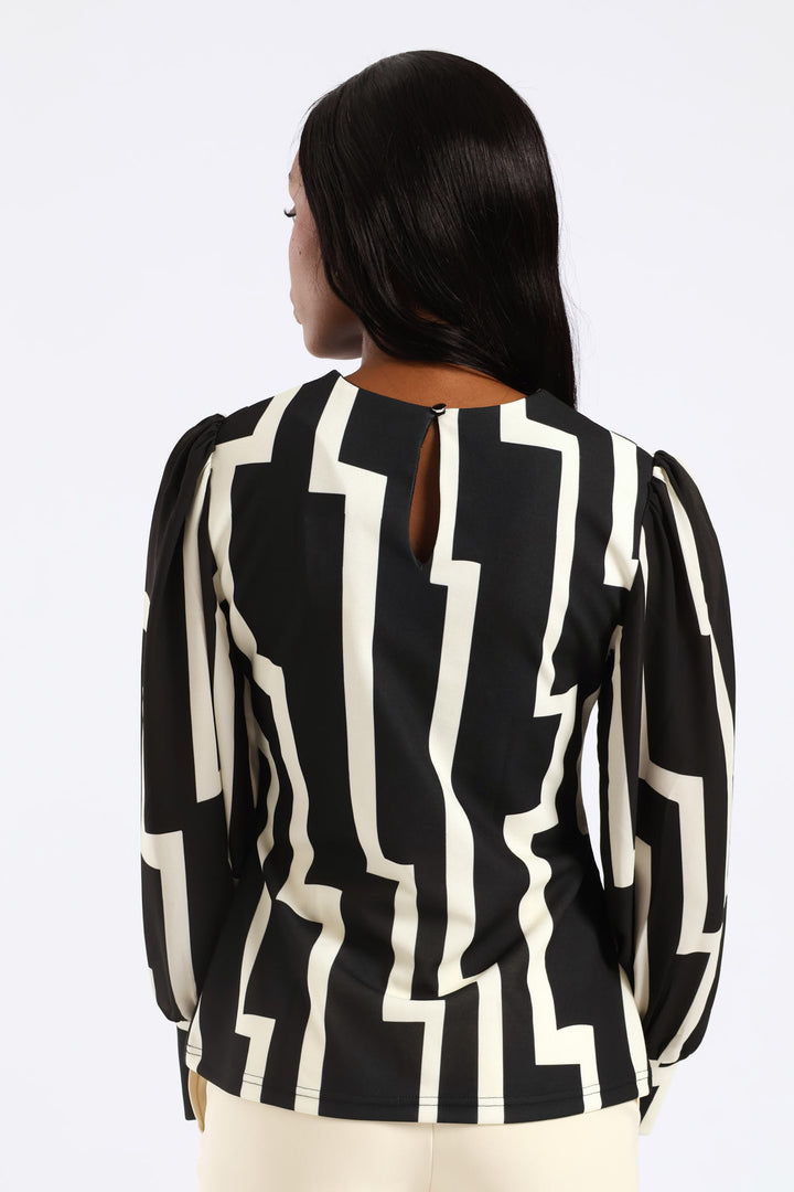 Crew Neck Knitwear Combo Blouse - Black/Cream