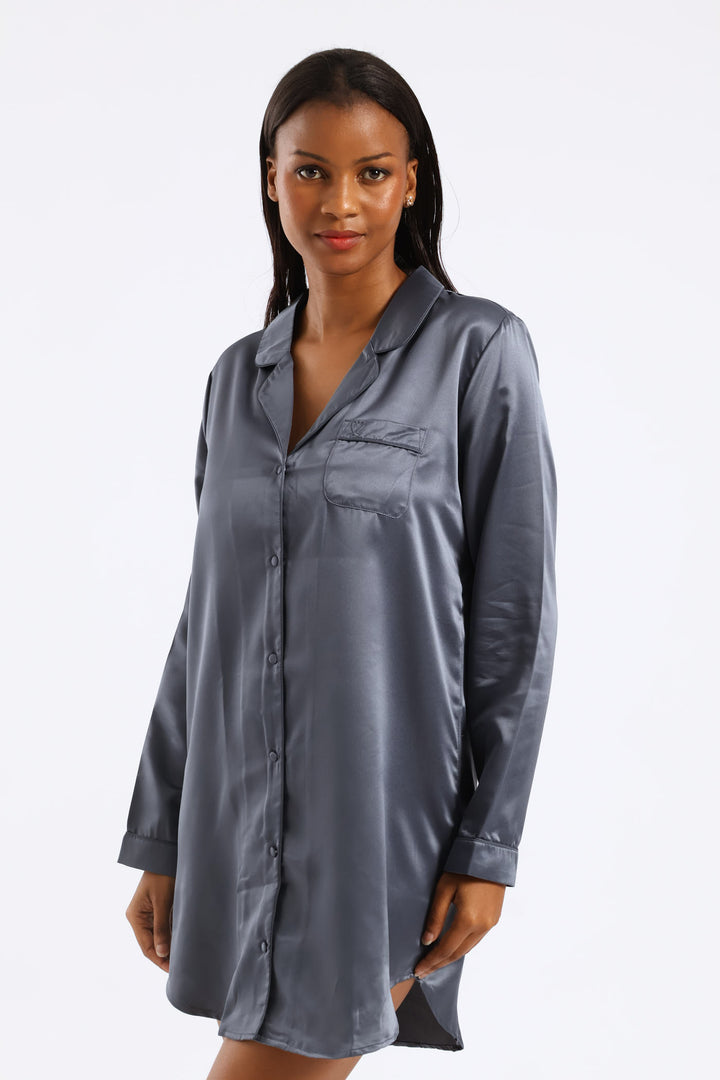 Button Through Satin Sleepshirt - Dark Grey