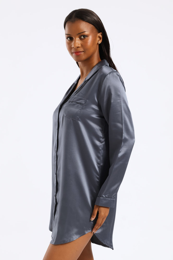 Button Through Satin Sleepshirt - Dark Grey