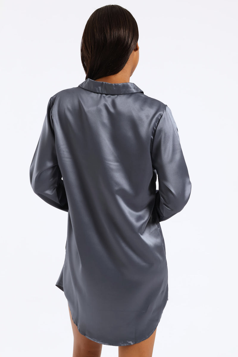 Button Through Satin Sleepshirt - Dark Grey
