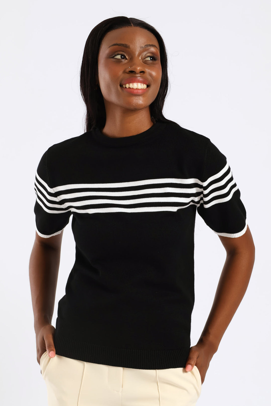 Hi Neck Centre Striped Pullover - Black