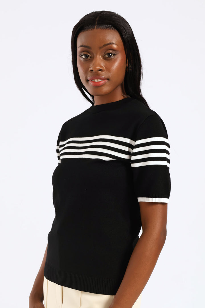 Hi Neck Centre Striped Pullover - Black