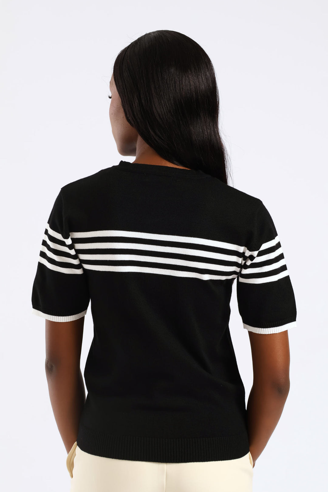 Hi Neck Centre Striped Pullover - Black