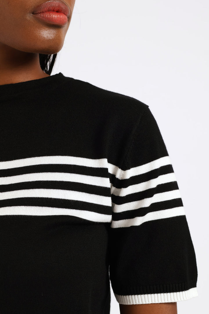 Hi Neck Centre Striped Pullover - Black