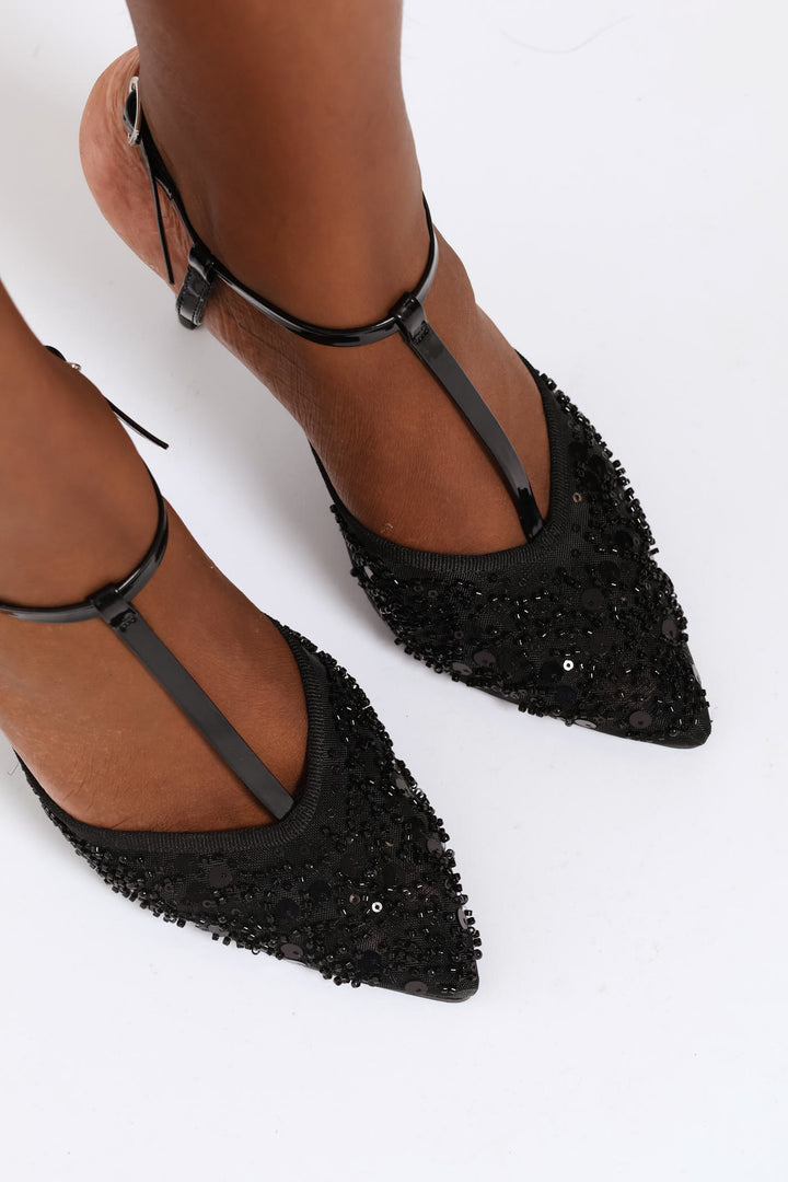 Sequin Ankle Strap Pointed Stiletto Heel - Black