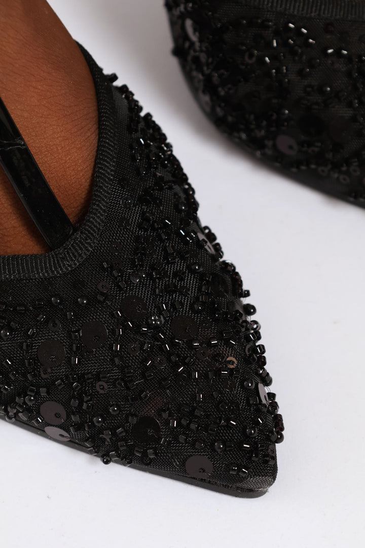 Sequin Ankle Strap Pointed Stiletto Heel - Black