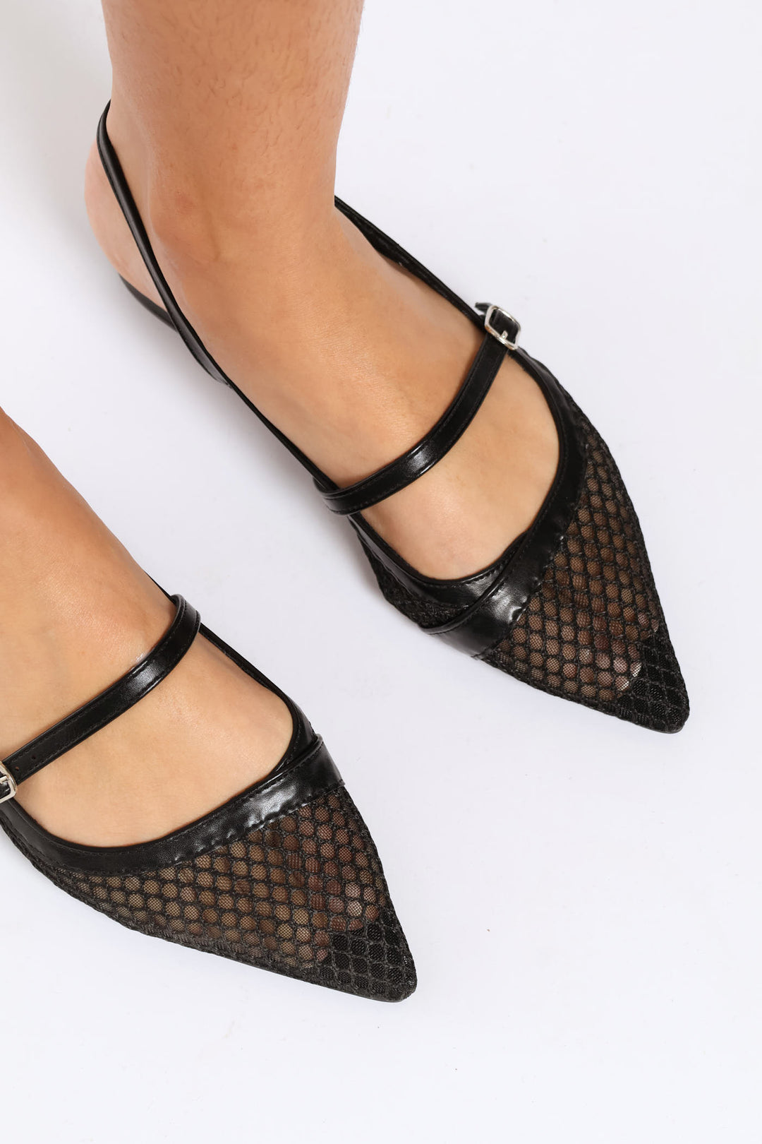 Buckle Detail Pointed Mesh Slingback - Black