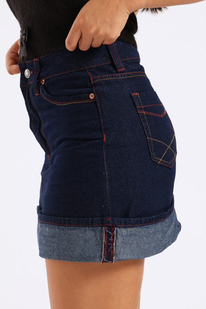 Turn Up Denim Mini Skirt - Ink
