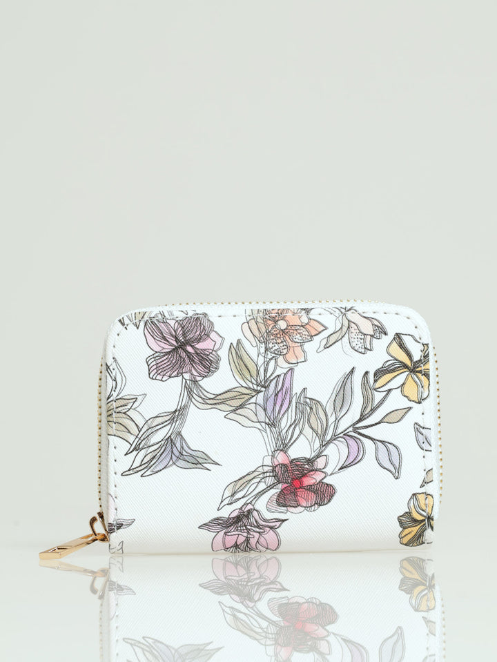 Water Colour Floral Small Zip Around Purse - White