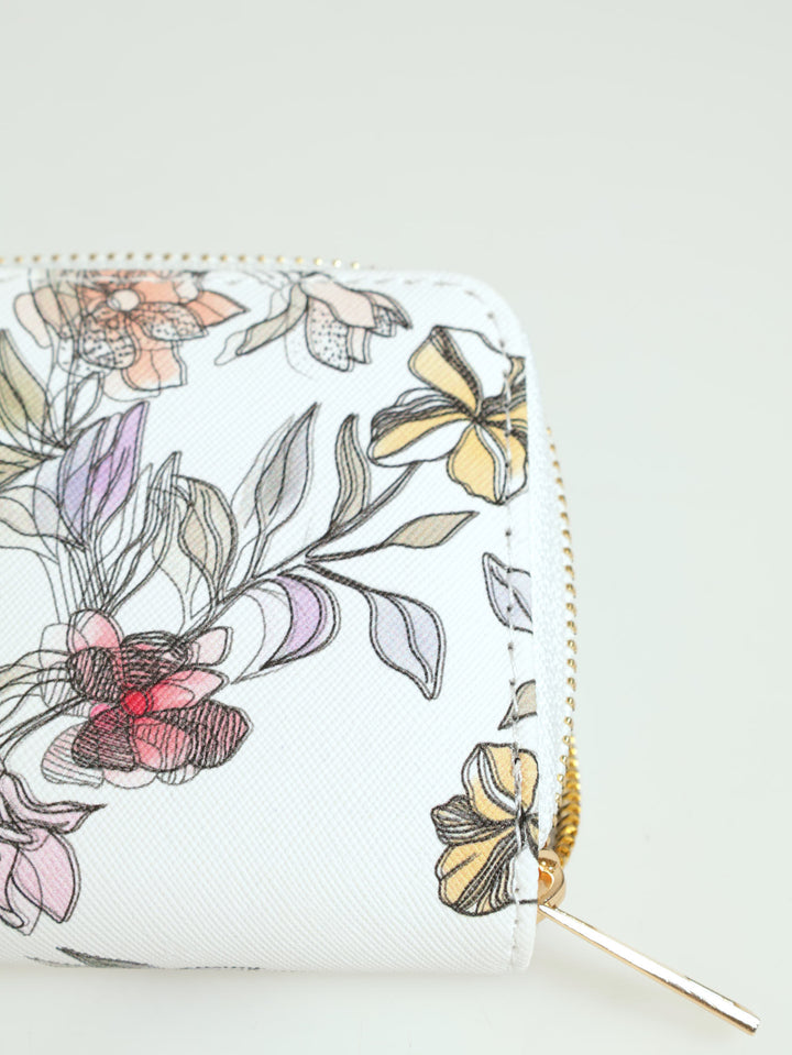 Water Colour Floral Small Zip Around Purse - White