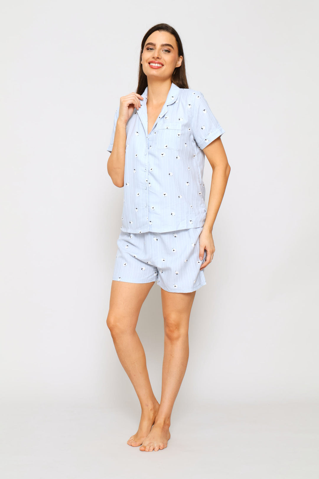 Textured Woven Sheep Print Button Through & Short Set - Blue