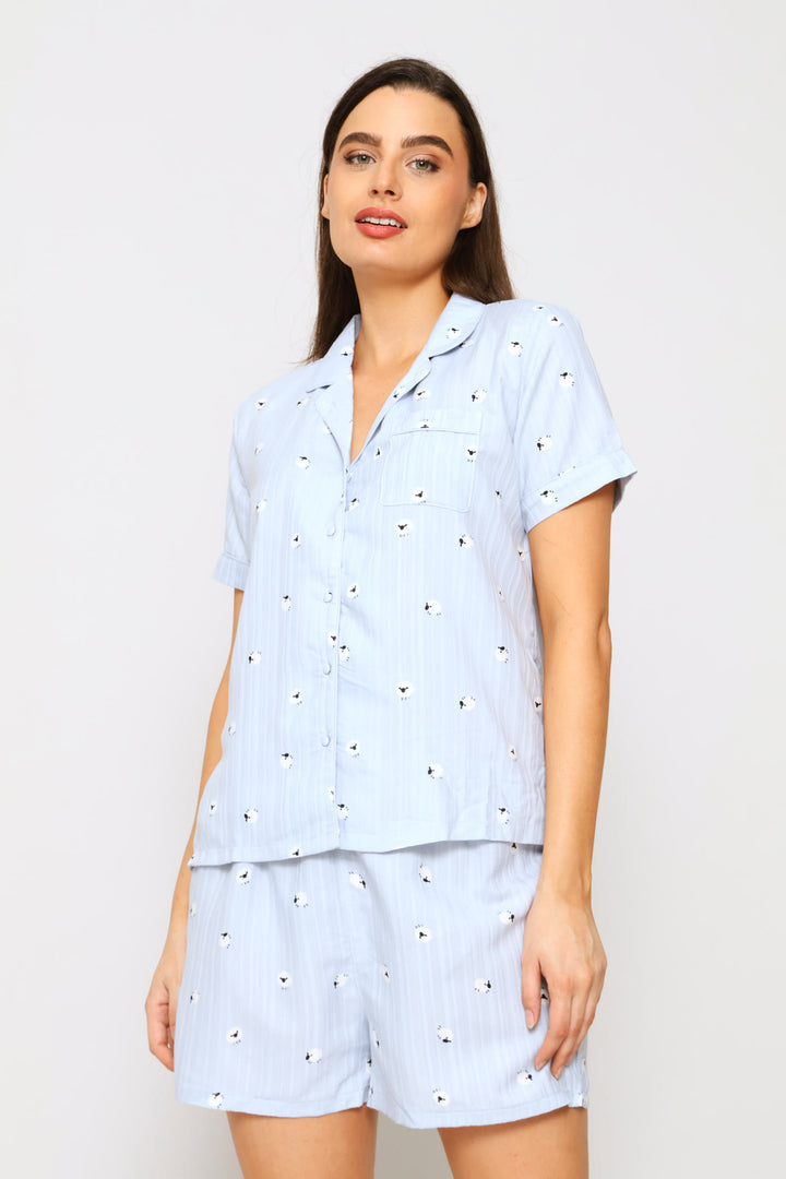 Textured Woven Sheep Print Button Through & Short Set - Blue