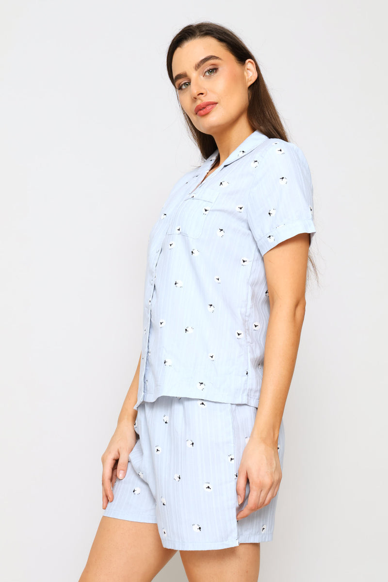 Textured Woven Sheep Print Button Through & Short Set - Blue