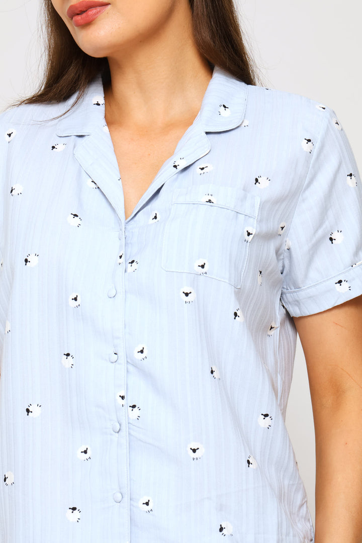 Textured Woven Sheep Print Button Through & Short Set - Blue
