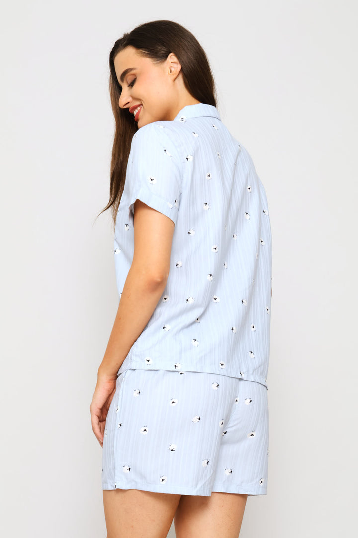 Textured Woven Sheep Print Button Through & Short Set - Blue